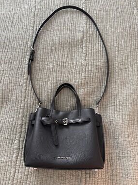 Michael Kors Black Pebbled Leather Crossbody Satchel with Buckle Detail